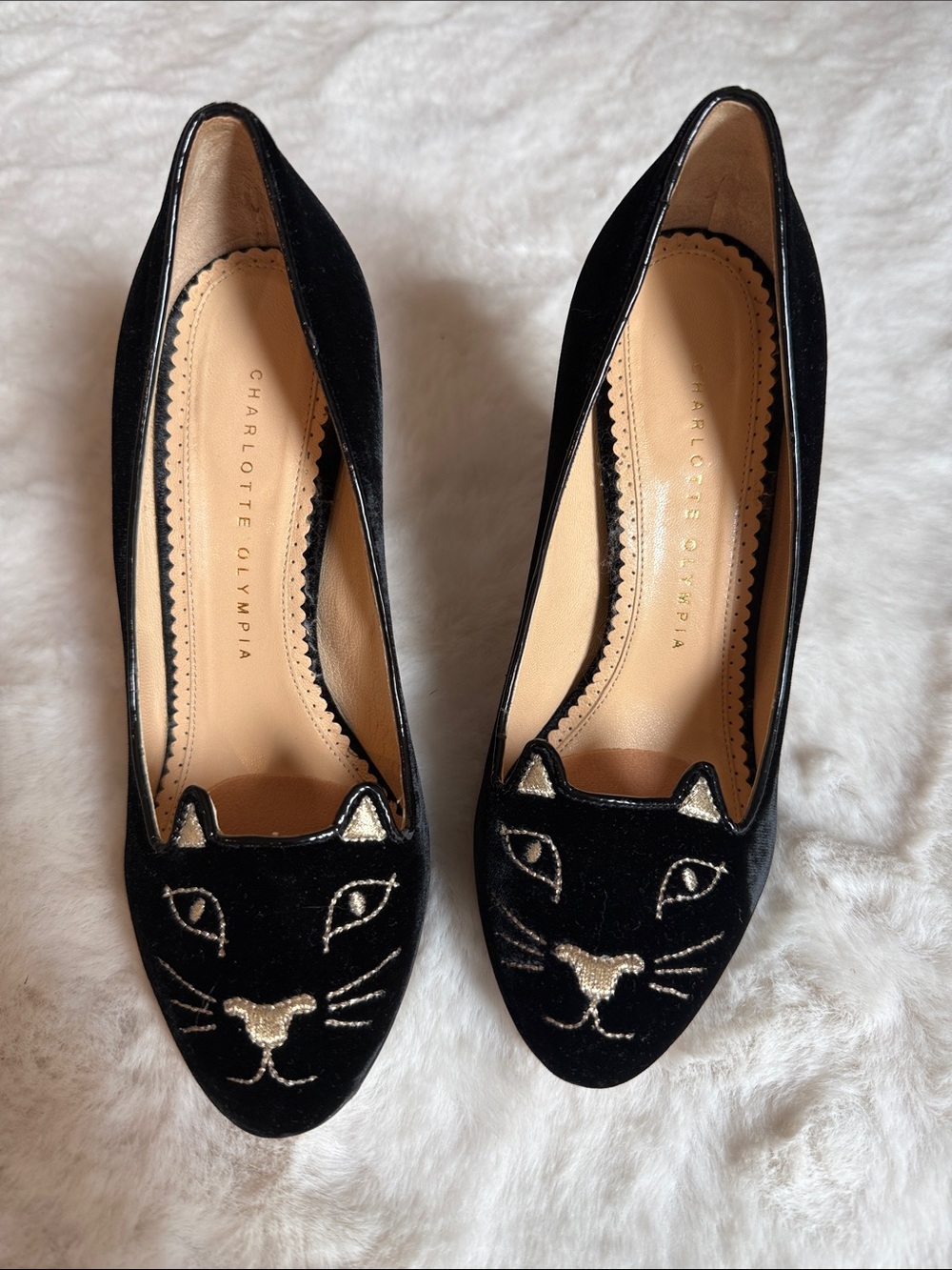 Charlotte Olympia Black Velvet Cat Face high heels with Gold Embroidery